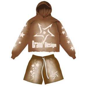Custom <b>Spray</b> <b>Paint</b> Gradient Hoodie Shorts <b>Set</b> Mens Star Graphic Cropped Pullover Heavyweight French Terry Raw Hem Summer - Product Image 3