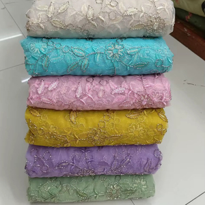 Premium Net Embroidery <b>Fabric</b> With Heavy Beads Work 55 GSM 44 Inch Width Designer Ethnic Material For Boutique Party Wear - Product Image 1