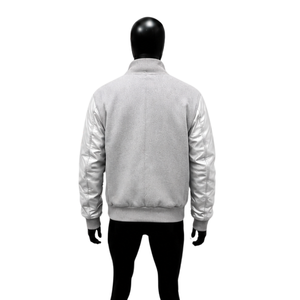 PREMIUM <b>SILVER</b> BOMBER VARSITY <b>JACKET</b> MOCKUP FRONT VIEW HIGH QUALITY With Satin Sleeves Regular Fit Turn-down Collar Casual Autum - Product Image 2