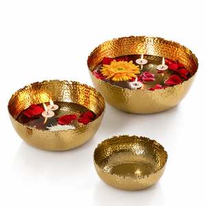 Luxury Handmade Hammered Lotus Brass Bowl Set of 3 Decorative Serving & Floating Candle Urli Bowls with Lid <b>Christmas</b> Easter - Product Image 1