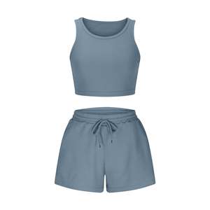 Ensemble 2 pièces tricoté pour femme : crop top et short, couleur unie, tenue décontractée d'été, sans manches, col rond, respirant, en coton et élasthanne - Product Image 6