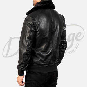 Blouson aviateur homme noir en similicuir de qualité supérieure avec col en fourrure amovible, coupe ajustée, pour l'hiver - Product Image 4