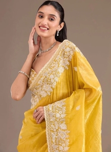 KV Women's Embroidered, Embellished Bollywood Pure Silk <b>Saree</b> With Unstitched Blouse (<b>Yellow</b>) - Product Image 1