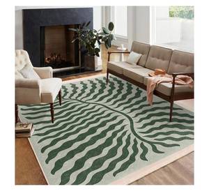 Tapis moderne abstrait à feuilles vertes, style mi-siècle, motif botanique ondulé, pour salon, antidérapant, lavable en machine - Product Image 2