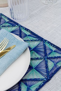 Artistic Triangle Weave Design <b>Placemat</b> Rattan <b>Square</b> Blue Teal Natural Style - Heat Resistant Dining Mat Bohemian Home Kitchen - Product Image 3