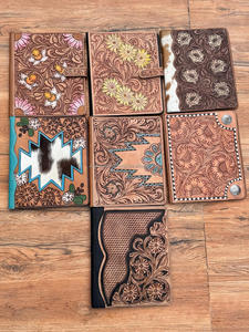 Los más vendidos hechos a mano Western Floral cuero genuino mecanizado y cuero de vaca planificador pelo en patrón de estrella Cartera de cuero genuino