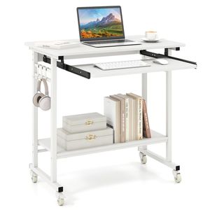 Scrivania Mobile per Computer in MDF Bianco con Vassoio per Tastiera e Ripiano Portaoggetti, Ruote Bloccabili a 360°, Spostabile per Casa, Ufficio e Hotel - Product Image 1