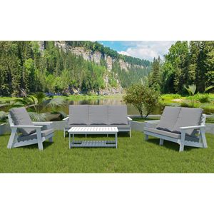 Divano da Giardino a 3 Posti in HIPS con Cuscini Bianco/Grigio Effetto Legno, Arredamento da Esterno - Product Image 6