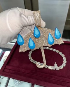 Pendentif parapluie de luxe en argent 925 plaqué or 18 carats avec moissanite bleue en forme de goutte d'eau, bijou thématique pour cadeaux, pendentif HipHop glacé - Product Image 6