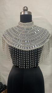 Cape d'épaule perlée dorée pour femme, col montant, franges, broderie, accessoire de mode pour robe de soirée et de mariée - Product Image 3