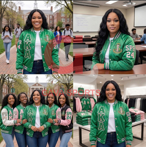 Alfa |   Kapa |   Chaqueta Bomber Alpha de Satén Unisex con Ribete Rosa y Verde, Bordado de Chenille con Letras Griegas, Estilo Universitario Premium - Product Image 4
