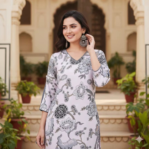 Ensemble Kurta et pantalon en coton imprimé numérique blanc et gris, col en V, coupe droite longueur mollet, tenue ethnique pour femme, tailles S à XXL - Product Image 1