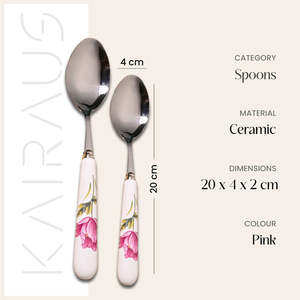 Juego de 6 Cucharas de Porcelana con Diseño de Rosas y Mango de Cerámica, Cucharas Largas de Acero para Servir Cena y Postre - Product Image 4
