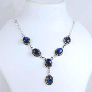 Collar de Moda con Piedras Naturales de Labradorita Ovaladas, Chapado en Plata de Ley 925, de Alta Calidad, Venta al Por Mayor - Product Image 1