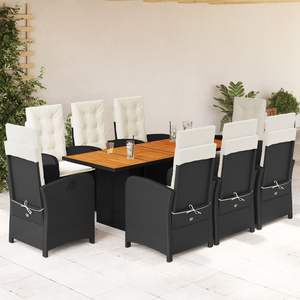 Black Rattan <b>Garden</b> <b>Dining</b> <b>Set</b> <b>8</b> <b>Seater</b> Teak Table Outdoor Furniture Contemporary Design Weather Resistant - Product Image 1