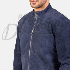 Chaqueta de cuero de ante azul marino para hombre, corte ajustado, piel de oveja auténtica, abrigo informal de moto para otoño e invierno, con cuello de banda y cremallera. - Product Image 3