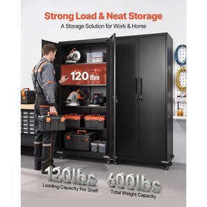 Armadio da Garage in Acciaio con Ruote da 184,4 cm, 5 Ripiani, 4 Mensole Regolabili, 2 Porte Magnetiche, 2 Chiavi - Stoccaggio in Metallo per Magazzino - Product Image 2