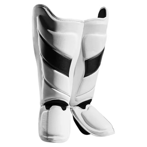 Protège-tibias en cuir blanc rembourrés EVA+FOAM, bandes noires, fermeture auto-agrippante, équipement de protection léger pour boxe, unisexe adulte - Product Image 1
