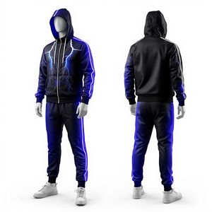 Conjunto Deportivo Unisex Ecológico de Poliéster con Forro Polar, Cuello Redondo, Cremallera Completa, Estampado de Rayos Neón, Colección Streetwear - Product Image 1