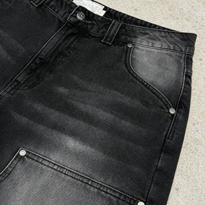 Shorts de mezclilla selvedge de 12 oz estilo Y2K, lavado vintage, dobladillo sin rematar, por encima de la rodilla, corte retro holgado, fabricante OEM, mezclilla negra. - Product Image 4