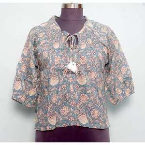Haut en coton imprimé à la main indien pour femme, doux, fait main, style bohème décontracté vintage, manches mi-ballon, taille naturelle, idéal pour l'été - Product Image 1