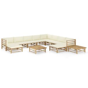 Set Lounge da Giardino in Poliestere 100% Bianco Crema con Cuscini in Poliestere 100% Effetto Bambù - Elegante Arredamento in Bambù per Esterni - Product Image 1