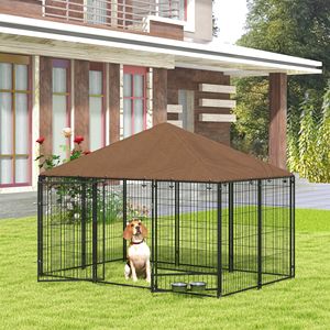 Recinto per cuccioli nero 2,1 m x 1,4 m x 1,5 m, box da giardino grande con ciotola girevole, cuccia esterna per cani con tettoia - Product Image 2