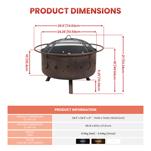 Brasero d'extérieur rond en bronze pour feu de bois, avec découpe étoile et lune, écran anti-étincelles, pour patio et camping FP011 - Product Image 2