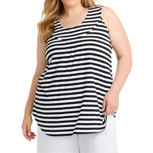 Camiseta sin mangas para mujer talla grande, camiseta a rayas negra con cuello redondo, tela de mezcla de algodón natural, a rayas - Product Image 4