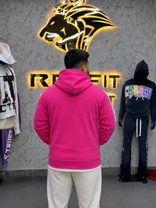 Men's <b>Pink</b> Hooded Zip-Up <b>Sweatshirt</b> Custom Logo Embroidery Patch Zip up Hoodie Sweatpants Stripe OEM Cotton Zipper Hoodie - Product Image 2
