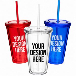 Gobelet réutilisable personnalisé avec logo, 16 oz, double paroi, en plastique, pour boissons froides, avec couvercle et paille, idéal pour les événements estivaux et les cadeaux promotionnels - Product Image 1