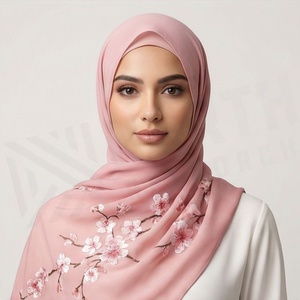Pink <b>Chiffon</b> Hijab With Floral Embroidery Women's Daily Wear <b>Scarf</b> Islamic Ethnic Shawl - Product Image 2