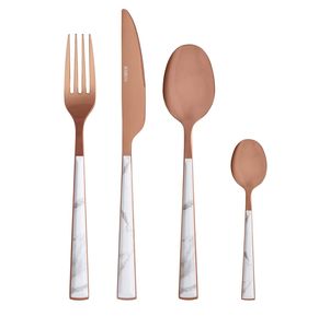 Juego de cubiertos de oro rosa con acabado satinado y mango de cerámica efecto mármol, que incluye cuchillo, tenedor y cuchara. - Product Image 1