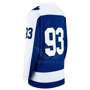 เสื้อฮอกกี้น้ำแข็งสำหรับผู้ชาย คอวี แขนยาว สีน้ำเงินขาว พิมพ์ลายใบเมเปิ้ล ปรับแต่งชื่อทีมได้ แห้งเร็ว ผลิตจากโพลีเอสเตอร์ สำหรับเล่นกีฬา - Product Image 4