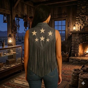 Boho Suede Fringe Leather <b>Jacket</b> Men Beaded <b>Star</b> Western Waistcoat Vintage Inspired Streetwear Fur Festival Concert Outfit - Product Image 5