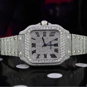 Reloj Analógico Cuadrado Plateado Elegante y Vintage de Lujo con Incrustaciones de Moissanita VVS, Números Romanos Completamente Pavimentados, Brazalete de Acero Inoxidable para Hombre - Product Image 1