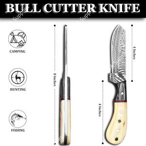 Couteau de chasse et de cowboy occidental en acier Damas à lame droite, manche en os de chameau et bois, motif échelle, pour le camping, OEM, faibles MOQ - Product Image 6