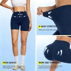 Shorts cyclistes taille haute pour femme, couleur unie, extensibles, style sportif, tricotés sans coutures, bleu marine - Product Image 3