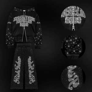 Ensemble de survêtement à manches longues avec fermeture éclair et strass, en coton extensible et doux, orné de strass personnalisés - Product Image 4