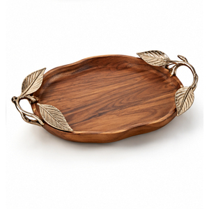 Bandeja Redonda de Madera de Mango Directo de Fábrica con Asas de Metal Dorado con Diseño de Hoja de Ginkgo, Plato Decorativo Moderno para Servir a un Precio Razonable - Product Image 5