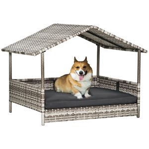 Cream Wicker Dog House with Water-Resistant <b>Cushion</b> Canopy Outdoor Rattan Dog Bed for <b>Small</b> and Medium Dogs - Product Image 1