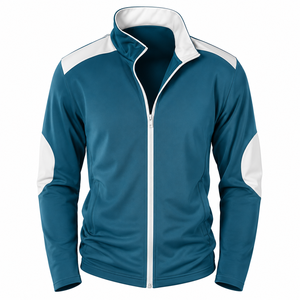 Blouson de sport bleu pour homme avec empiècements blancs, fermeture éclair, col montant, en polyester respirant, idéal pour l'automne - Product Image 1
