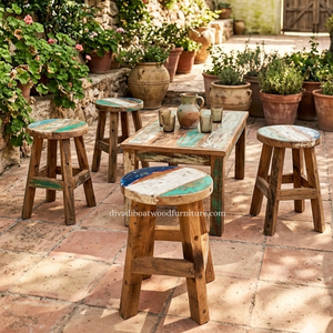 Sustainable Reclaimed Boat Wood <b>Round</b> Top <b>Stool</b> Leg with Square Wood Design Eco-Friendly Indoor Outdoor Bali Wood Furniture - Product Image 6