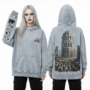 เสื้อฮู้ดสีเทาพิมพ์ลายกราฟิก City Of The Dead ลายเส้นขอบฟ้า แขนเสื้อพิมพ์ลายแบบดิสเทรส สไตล์ Apocalyptic สตรีทแวร์ทรงโอเวอร์ไซส์ - Product Image 1