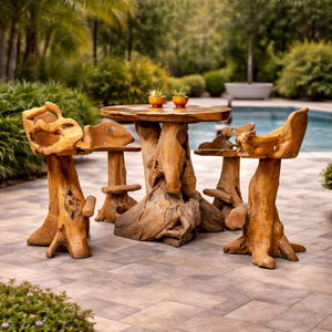 ชุดโต๊ะบาร์ไม้สักรากแบบเรียบง่าย พรีเมียม เป็นมิตรกับสิ่งแวดล้อม พร้อมเก้าอี้ทำมือ สำหรับบาร์โรงแรมและรีสอร์ท - Product Image 5