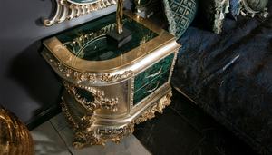 Juego de dormitorio de lujo verde esmeralda de madera de teca maciza, estilo Mid-Century, ideal para apartamentos, con cama King tallada en oro real y 2 mesitas de noche, Grand - Product Image 4