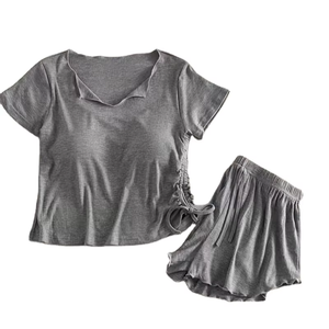 Solid Color Short Sleeve Shorts Sleepwear Set Women Loose Full Length Adult Women's Sleepwear Women's Solid Color Pure Pajama - Product Image 6