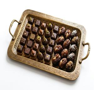 Luxury Ramadan & <b>Eid</b> <b>Gift</b> Set Premium Stuffed Medjool Dates and Artisanal Chocolate Bonbons on Vintage Brass Carved Serving - Product Image 1