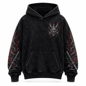 Sweat à capuche oversize noir en coton délavé de qualité supérieure avec imprimé démon Oni et motif épée de samouraï, streetwear, pull pour homme, vêtements d'hiver - Product Image 1