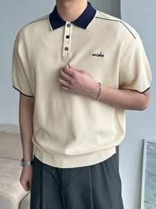 Polo pour homme en patchwork contrasté, col marine et corps beige, été - Product Image 3